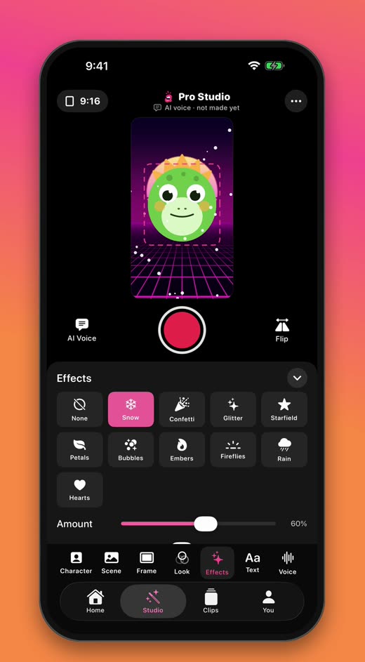 Pro Studio effects panel with hearts falling around a dino character